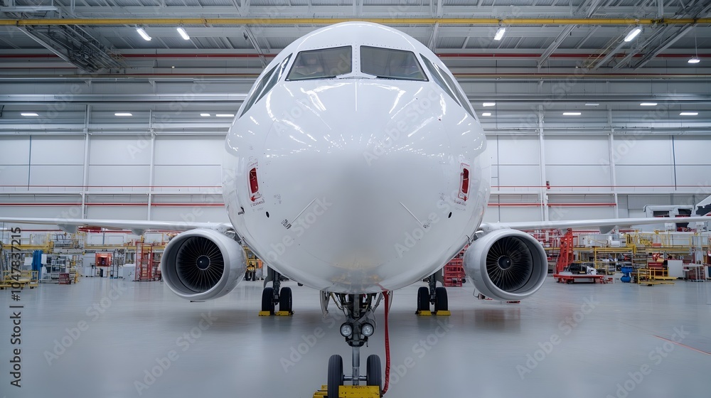 Diligent Aircraft Engineer Carefully Inspecting the Fuselage of a Commercial Jet Airliner in a Bustling Repair Hangar with Multiple Aviation Maintenance Projects Underway Diligent Aircraft Engineer Carefully Inspecting the Fuselage of a Commercial Jet Airliner in a Bustling Repair Hangar with Multiple Aviation Maintenance Projects Underway