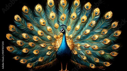 A vibrant peacock with its tail feathers spread wide, displaying a beautiful pattern of gold and blue eyespots against a black background.