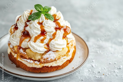 Saint Honore cake with profitrols, caramel, custard and whipped cream on a white plate on a gray concrete background. Traditional French dessert. Copy space photo