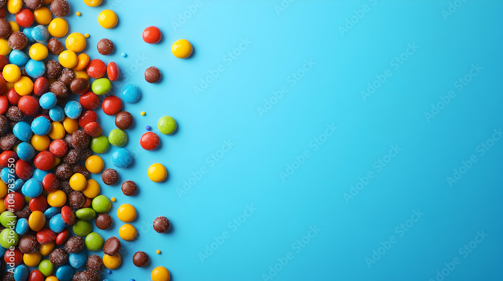 Brightly Colored Candies Scattered on a Vibrant Blue Background, Perfect for Sweet Treats and Dessert Themes Brightly Colored Candies Scattered on a Vibrant Blue Background, Perfect for Sweet Treats and Dessert Themes