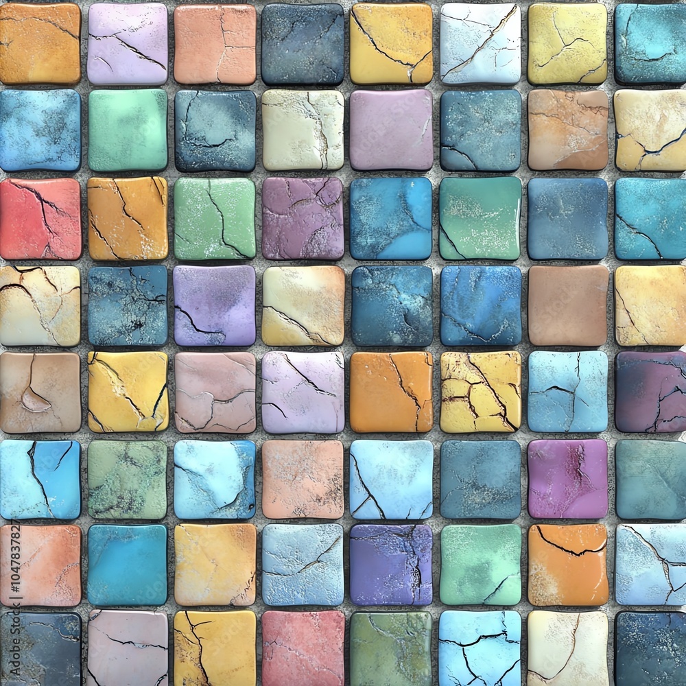 Colorful cracked ceramic tiles arranged in a grid pattern, showcasing diverse textures and hues. Colorful cracked ceramic tiles arranged in a grid pattern, showcasing diverse textures and hues.