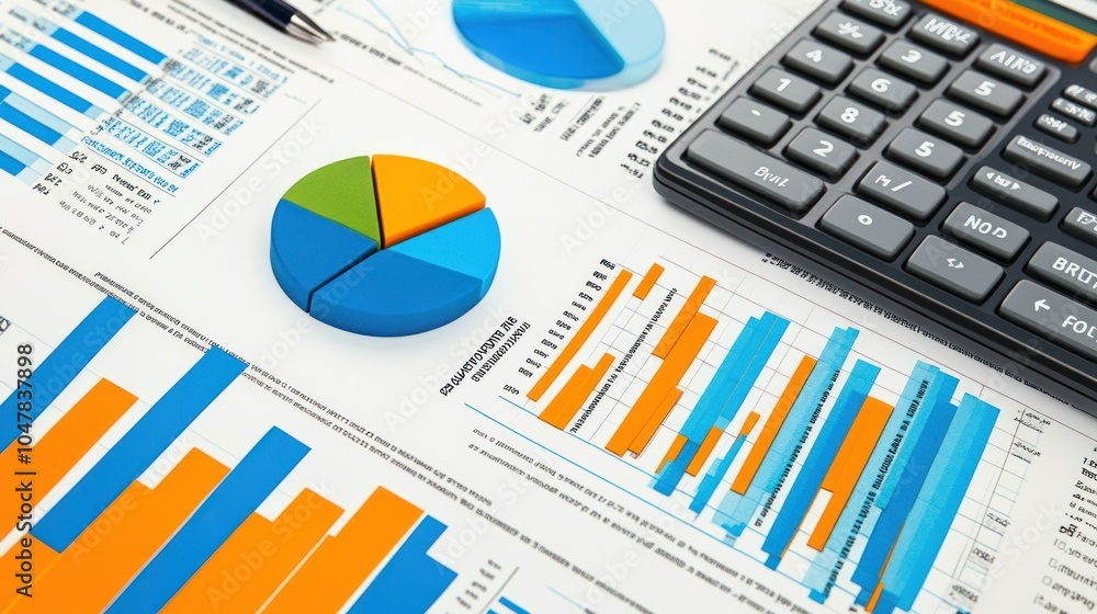 A close-up of financial documents with a pie chart, bar graphs, and a calculator. A close-up of financial documents with a pie chart, bar graphs, and a calculator.
