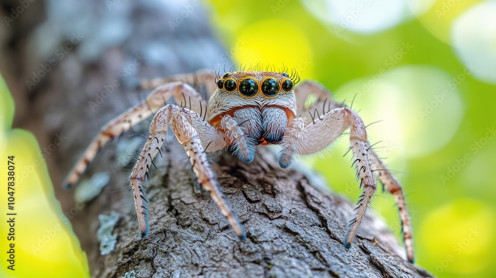 Fototapeta premium A white and orange jumping spider with large eyes perched on a tree branch.