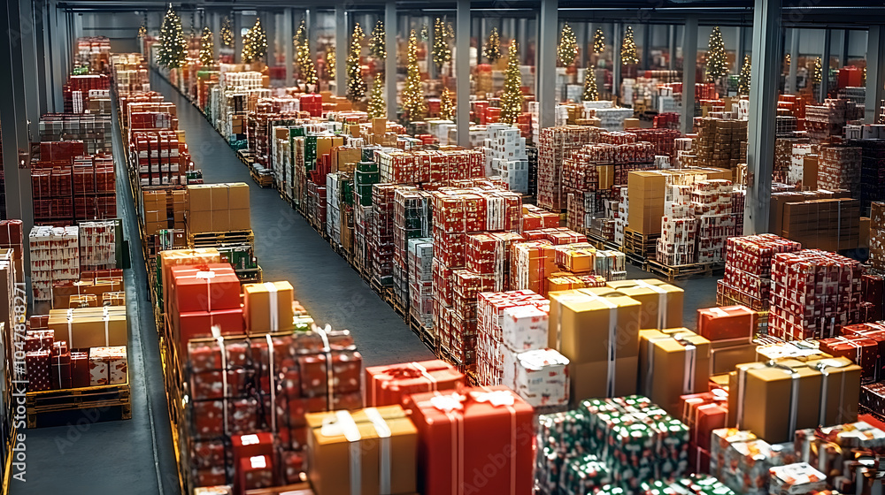 Warehouse filled with holiday packages, representing the peak season in logistics and distribution. Warehouse filled with holiday packages, representing the peak season in logistics and distribution.