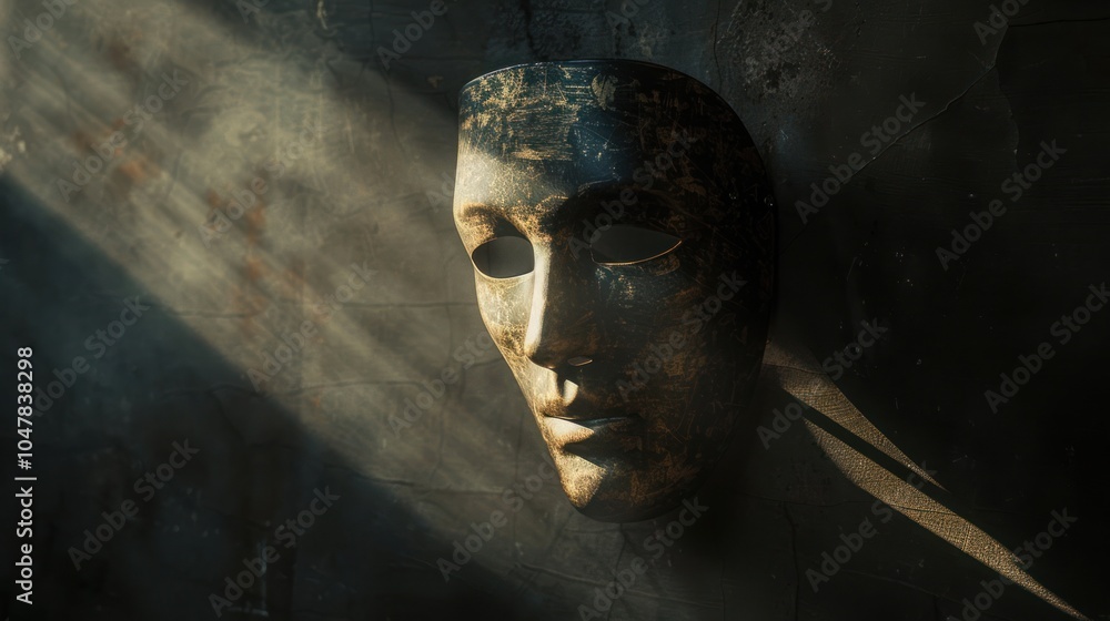 A Distressed Gold Mask Against a Dark Background A Distressed Gold Mask Against a Dark Background
