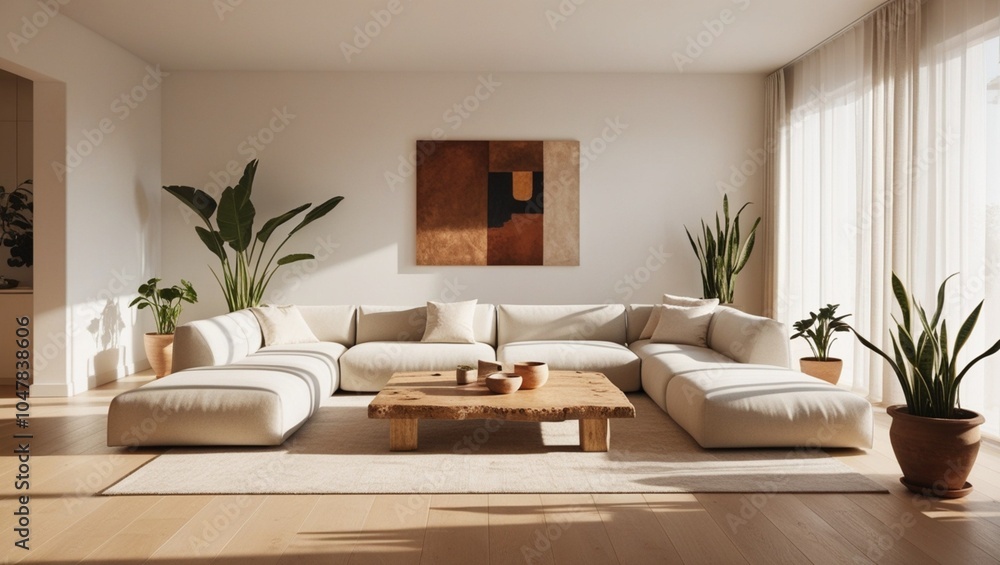 Fototapeta premium Serene Minimalist Living Room with Neutral Palette, Wooden Coffee Table, and Indoor Greenery Generative AI