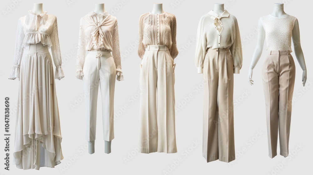 Five Mannequins Displaying Various White and Beige Outfits Five Mannequins Displaying Various White and Beige Outfits