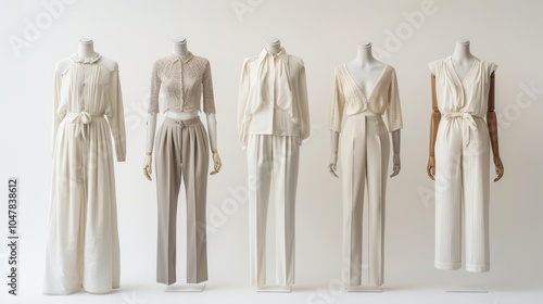 Five Mannequins Displaying White and Beige Clothing