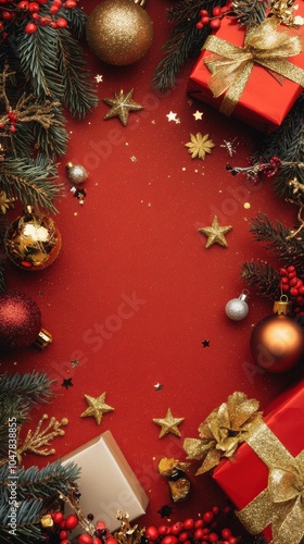 Christmas composition on a red background with golden and red decorations generative ai 