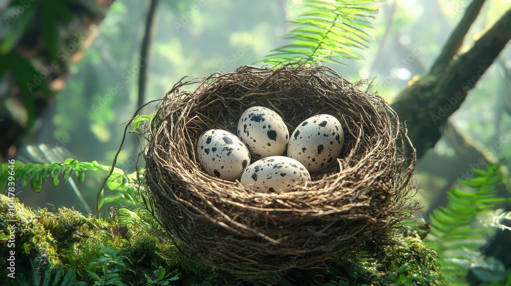 A Wild Bird's Nest with Speckled Eggs in a Lush Natural Setting A Symbol of Life, Growth, and Biodiversity A Wild Bird's Nest with Speckled Eggs in a Lush Natural Setting A Symbol of Life, Growth, and Biodiversity