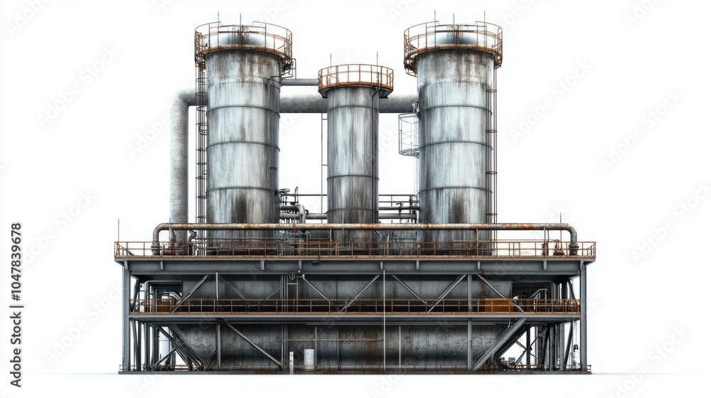 Obraz premium Oil refinery cooling tower with surrounding pipelines, isolated on white background