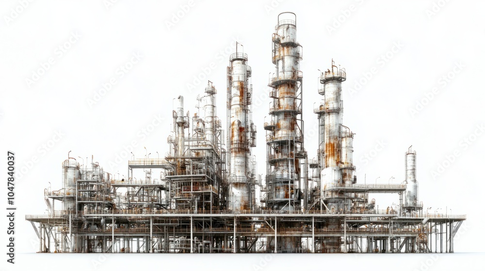 Oil refinery distillation towers with platforms and intricate pipe networks, isolated on white background Oil refinery distillation towers with platforms and intricate pipe networks, isolated on white background