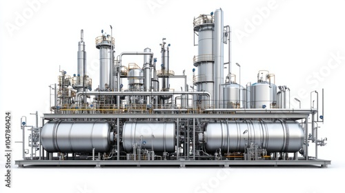 Oil refinery machinery with stainless steel tanks and complex piping, isolated on white background