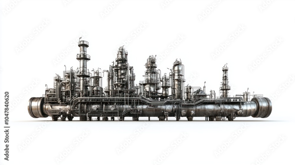 Obraz premium Oil refinery pipelines and flares with detailed metallic textures, isolated on white background