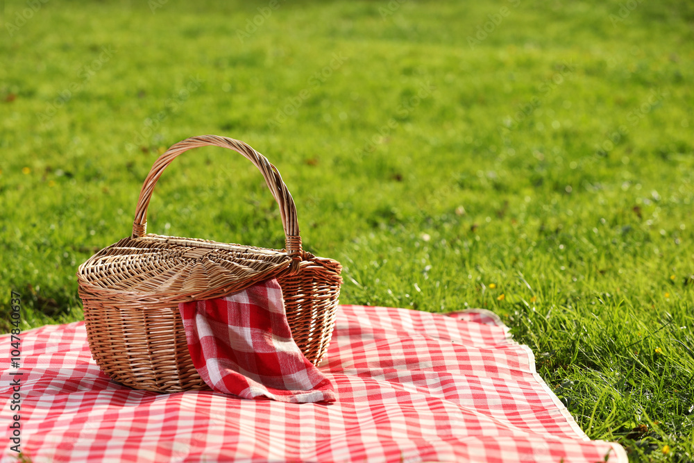 One picnic wicker basket with checkered napkin and blanket on green grass. Space for text One picnic wicker basket with checkered napkin and blanket on green grass. Space for text