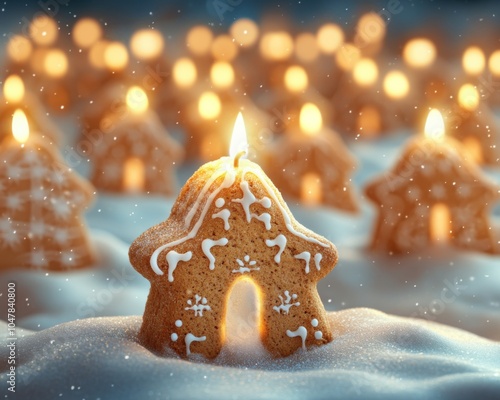 Cozy Winter Scene with a Gingerbread House Candle, Warm Glow, Festive Holiday Decor, Christmas Spirit, Winter Wonderland, Snow, Candlelight, Festive Lights, Gingerbread Cookies, Christmas Tradition photo