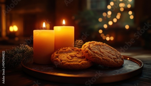 Cozy Winter Scene with Warm Glowing Candles and Delicious Gingerbread Cookies on a Wooden Tray, Perfect for a Festive Holiday Gathering or Christmas Decor