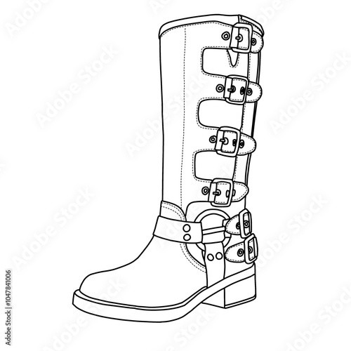 Women's Knee High Riding Boots Slip On Motorcycle  Buckles Biker Boots Line art, Technical sketch hand drawing outline vector doodle illustration side isometric 3D view isolated on white background