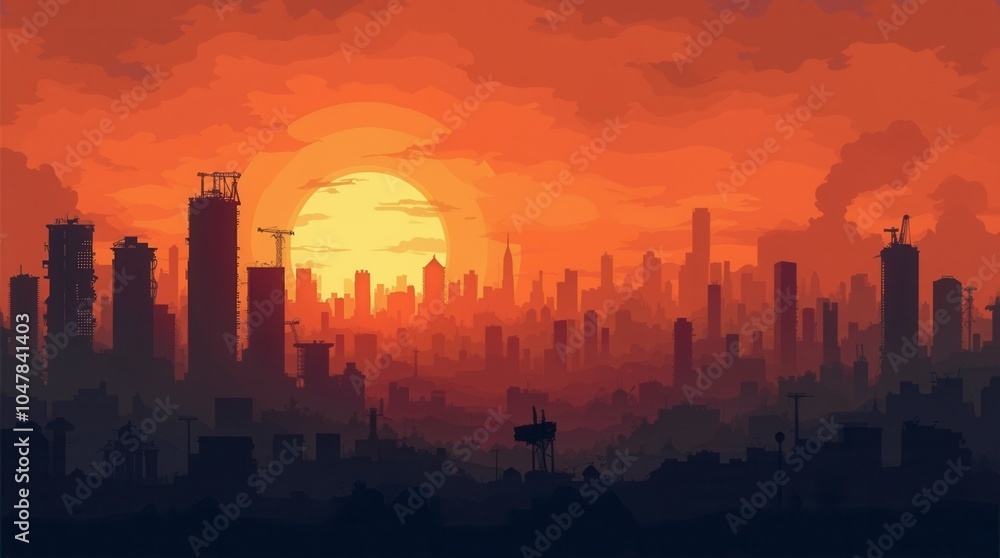 Fototapeta premium Post-apocalyptic city skyline silhouette at sunset panoramic view with tall buildings debris and destruction