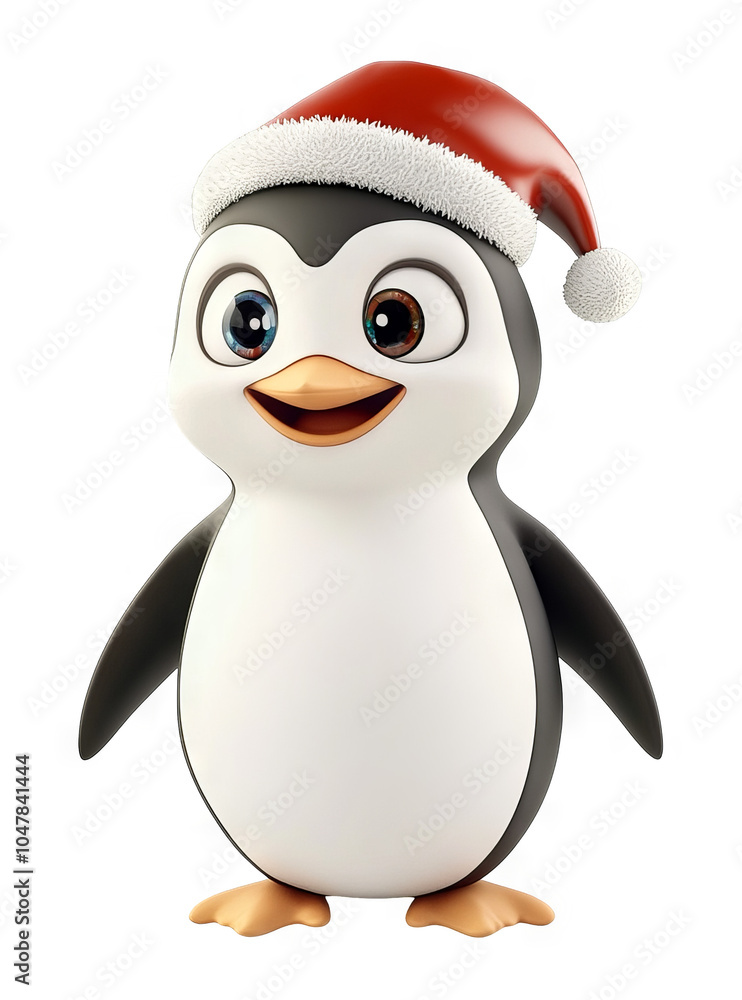 Fototapeta premium Festive Christmas Penguin Illustration with Santa Hat on Transparent Background for Holiday Designs and Overlays