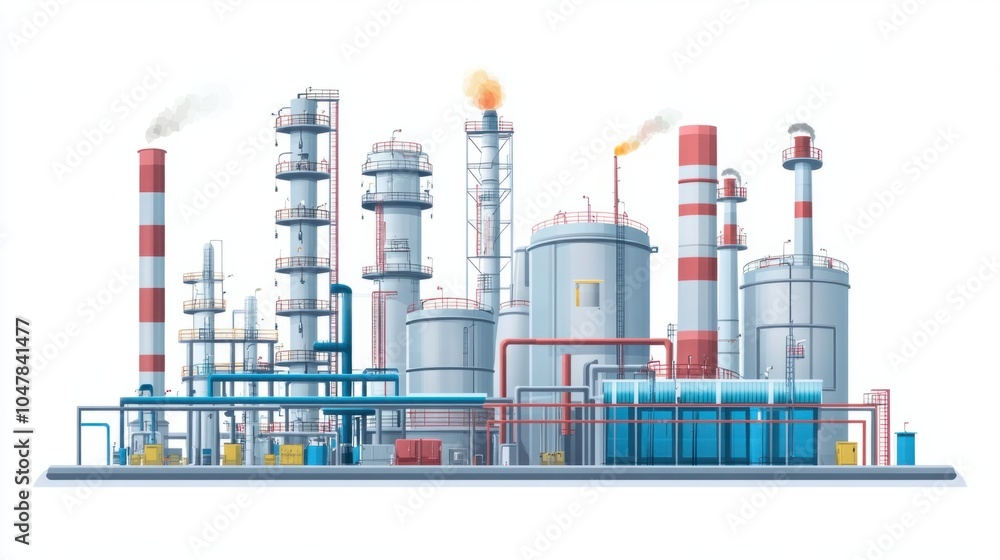 Obraz premium Oil refinery storage units and flare stacks with pipelines, isolated on white background
