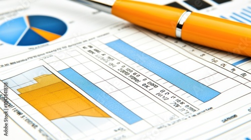 A yellow pen rests on a financial report with colorful graphs and charts, showing business growth and progress.