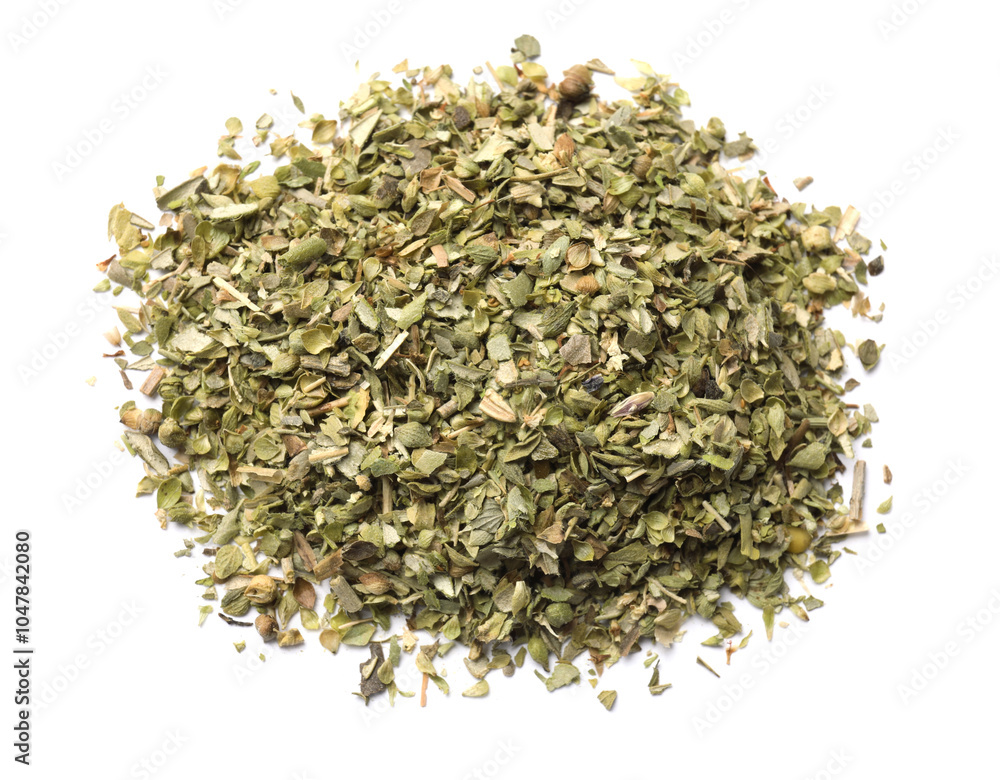 Pile of dried oregano isolated on white, top view Pile of dried oregano isolated on white, top view