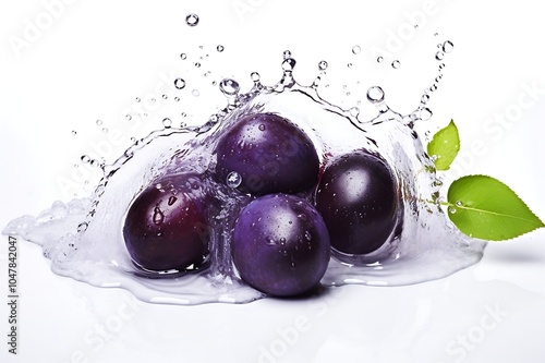 Damson Plum and splash of water on white background photo