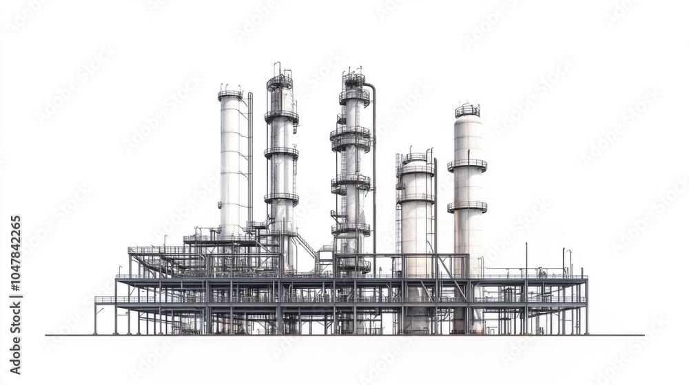 Obraz premium Oil refinery with distillation columns and metal walkways, isolated on white background