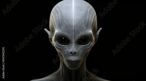 Detailed Illustration of a Curious Grey Alien with Large Eyes on a Mysterious Black Background