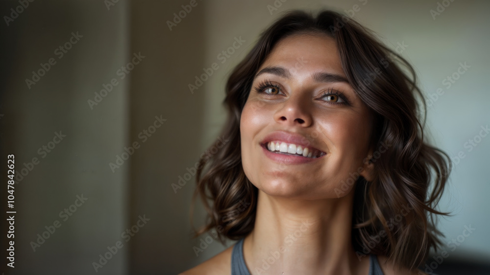 A happy, smiling woman looking upwards. Sparkling brown eyes and wavy brown hair. She is wearing a sports bra. Copy space. A happy, smiling woman looking upwards. Sparkling brown eyes and wavy brown hair. She is wearing a sports bra. Copy space.