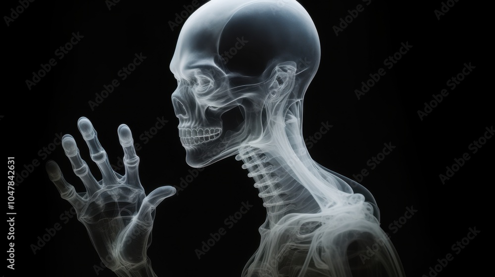Detailed Lateral Side view X-ray Image of the Complete Human Skeleton Against a Black Background Detailed Lateral Side view X-ray Image of the Complete Human Skeleton Against a Black Background