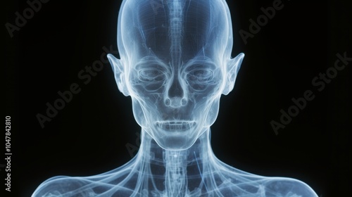 Detailed Blue X-Ray Scan of Human Head and Neck Anatomy in Anterior View with Visible Structures photo