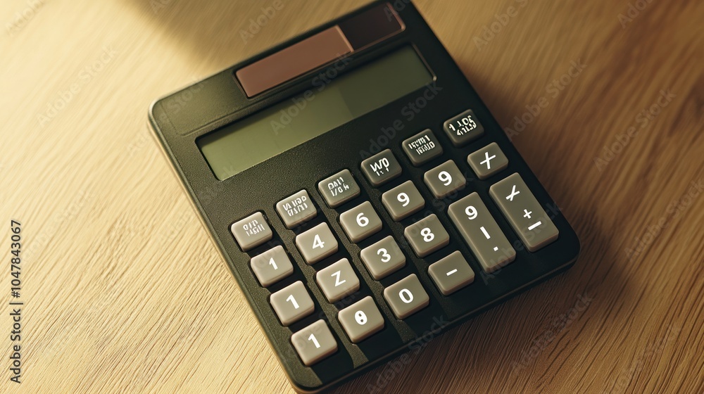 A black calculator with a blank screen sits on a wooden desk, illuminated by a beam of sunlight. A black calculator with a blank screen sits on a wooden desk, illuminated by a beam of sunlight.