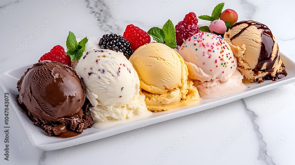 An assortment of ice cream scoops arranged on a white marble slab, each scoop a different flavor and color. Toppings like sprinkles and berries add a playful, sweet touch. An assortment of ice cream scoops arranged on a white marble slab, each scoop a different flavor and color. Toppings like sprinkles and berries add a playful, sweet touch.
