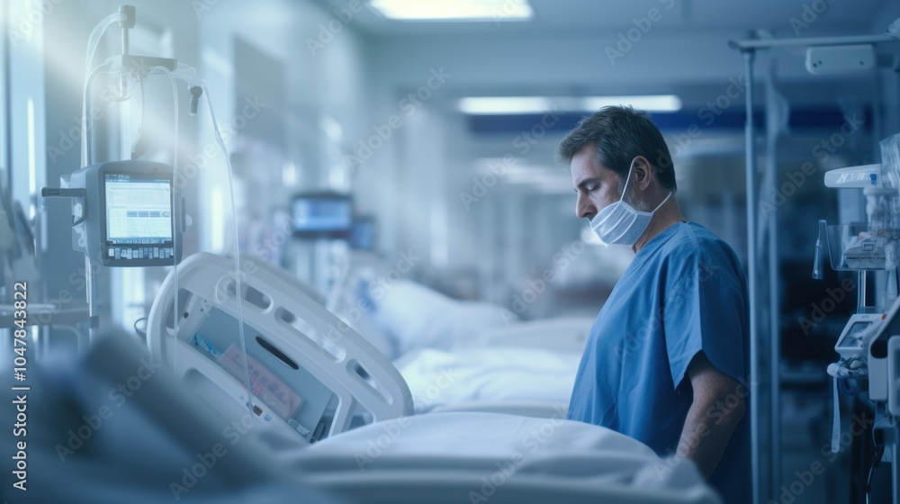 Thoughtful male doctor in a mask observing an empty hospital bed in a healthcare facility room Thoughtful male doctor in a mask observing an empty hospital bed in a healthcare facility room