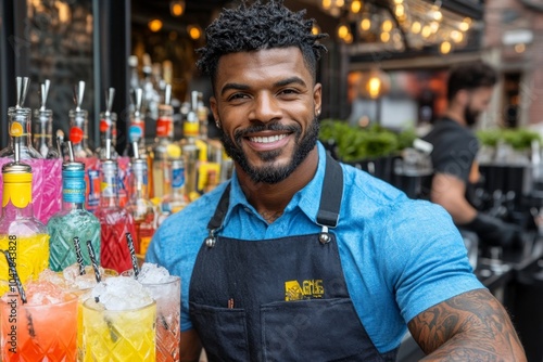 A bartender taking a sip of a cocktail to taste test, surrounded by bottles of colorful spirits photo