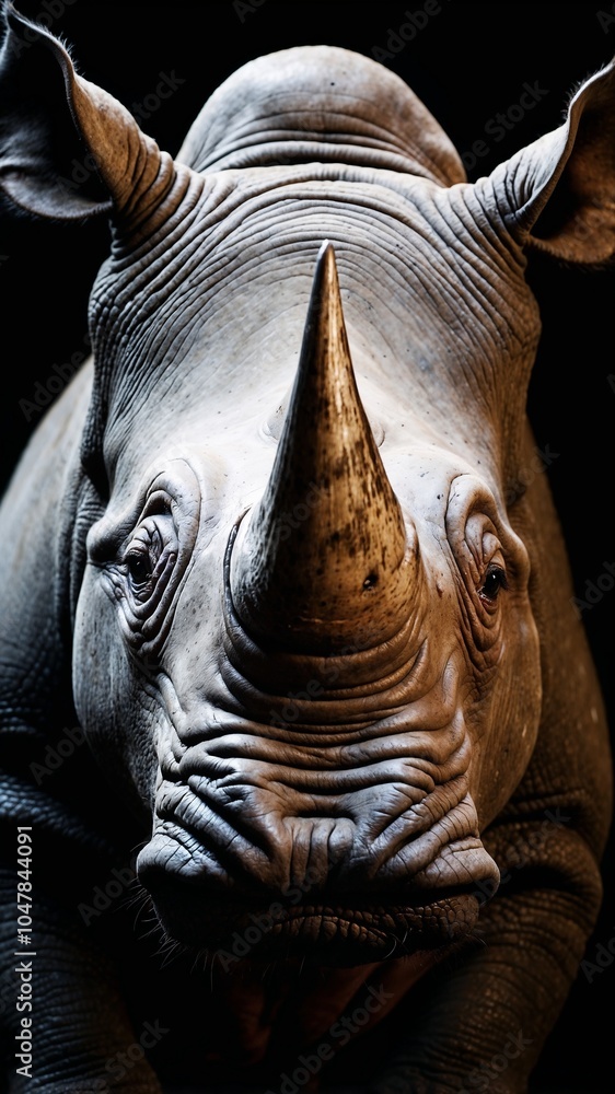 powerful wild rhino with massive horn in dark room professional photo powerful wild rhino with massive horn in dark room professional photo