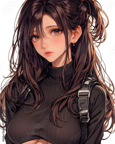 Anime Girl Portrait: Cute Brown Hair with Black Turtleneck photo