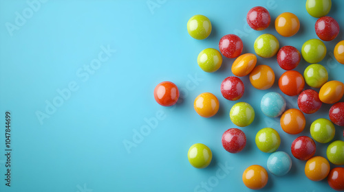 Vibrant Assortment of Colorful Candies Displayed on a Bright Blue Background with Ample Negative Space