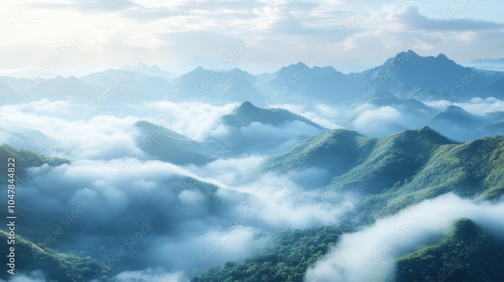 Fototapeta premium Tranquil Dawn Mountains Shrouded in Clouds with Sunrise Lighting the Scene, Elevated View of Peaks, Clouds, and Tranquil Dawn