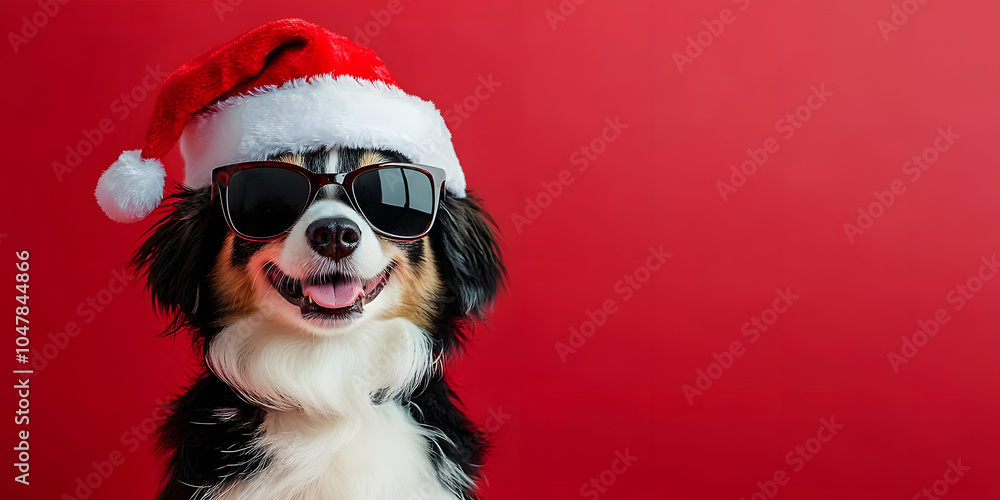 Merry Christmas concept holiday vacation winter animal pet greeting card - Cool dog with sunglasses and santa claus hat, isolated on red background Merry Christmas concept holiday vacation winter animal pet greeting card - Cool dog with sunglasses and santa claus hat, isolated on red background