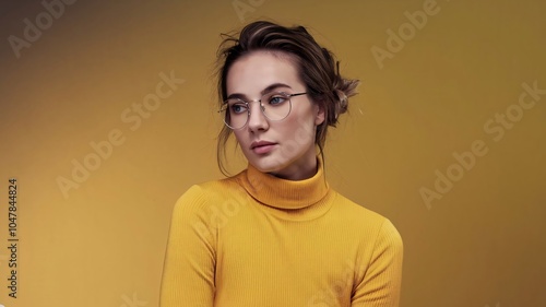 Woman, yellow, glasses, portrait, minimalist, monochromatic, studio, fashion, eyewear, modern, sophisticated, stylish, professional, elegant, beauty, aesthetic, mustard, clean, model, round glass