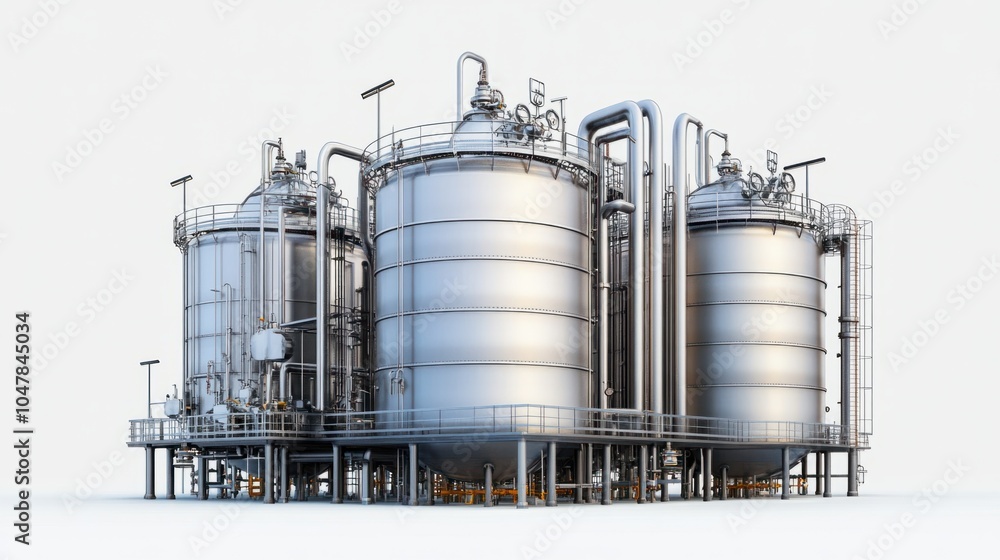Stainless steel oil refinery storage tanks with external pipe networks, isolated on white background Stainless steel oil refinery storage tanks with external pipe networks, isolated on white background
