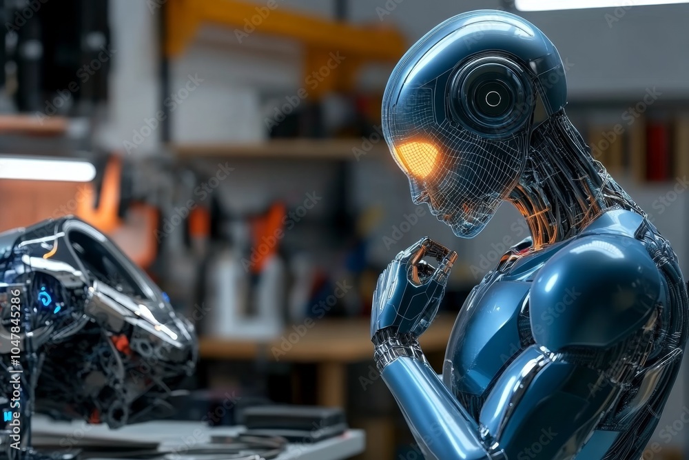 A digital 3D scene of a robot taking a look at an intricate mechanical object in a workshop filled with glowing tools and holographic blueprints A digital 3D scene of a robot taking a look at an intricate mechanical object in a workshop filled with glowing tools and holographic blueprints
