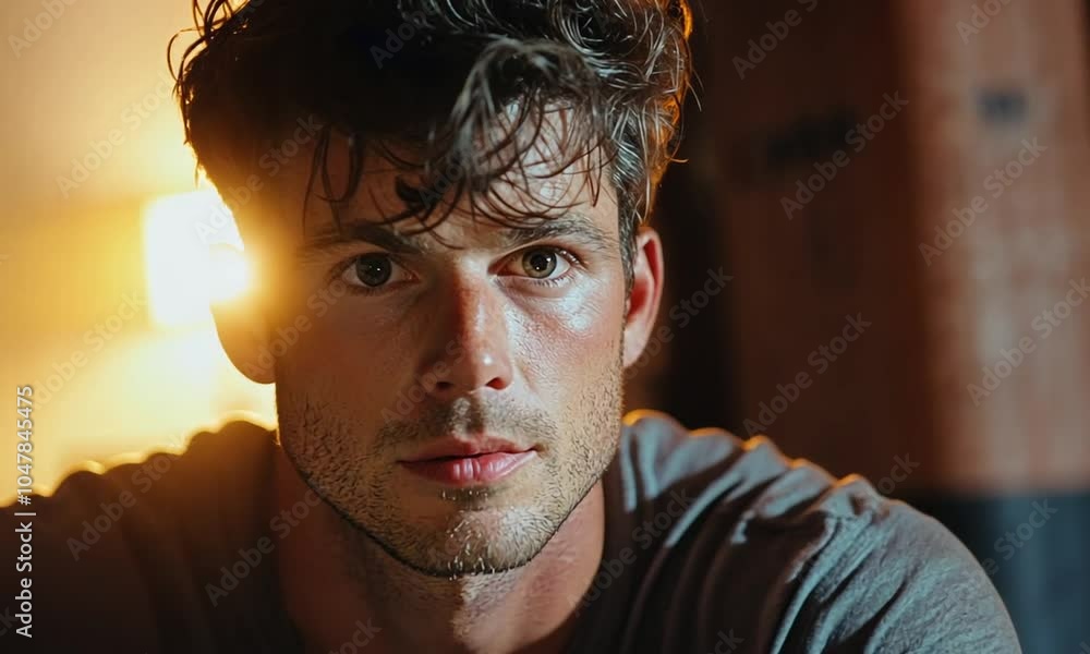 A close-up portrait of a young man with tousled hair, gazing thoughtfully into the camera. A close-up portrait of a young man with tousled hair, gazing thoughtfully into the camera.