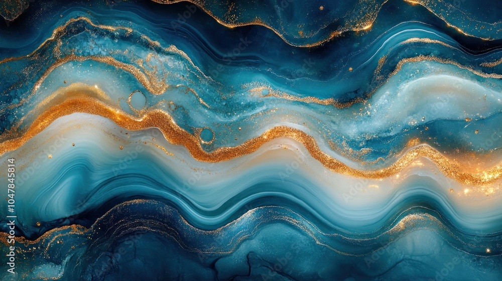 Fototapeta premium Abstract blue and gold marble texture background with flowing liquid pattern.