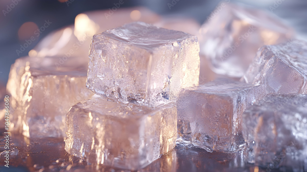 Close-Up of Crystal Clear Ice Cubes Stacked Neatly on a Reflective Surface Close-Up of Crystal Clear Ice Cubes Stacked Neatly on a Reflective Surface