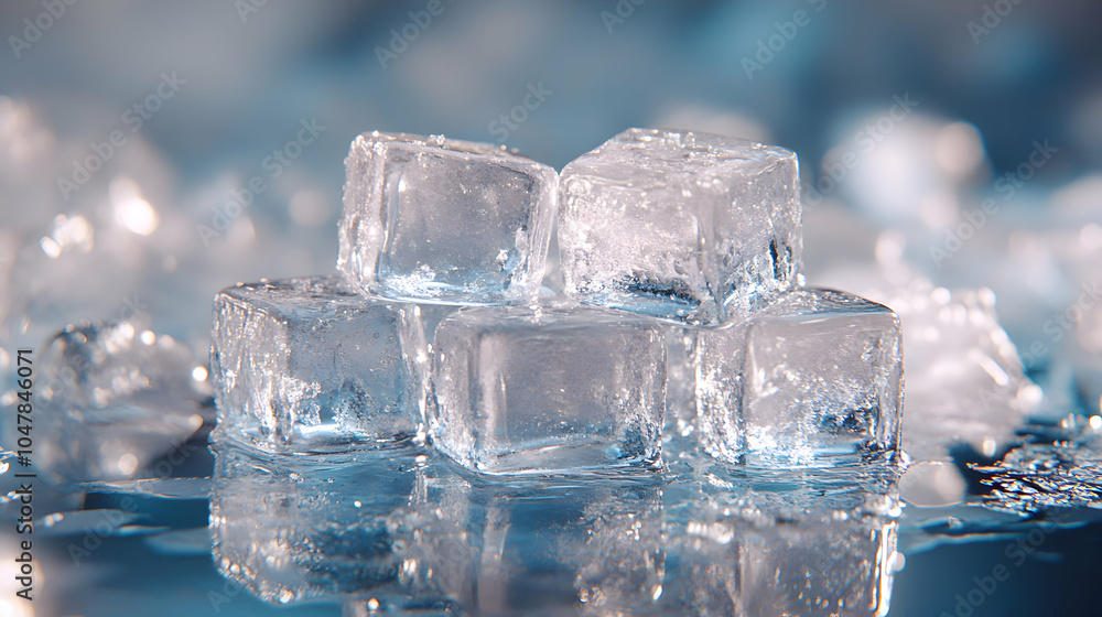 Close-Up of Crystal Clear Ice Cubes Stacked Neatly on a Reflective Surface Close-Up of Crystal Clear Ice Cubes Stacked Neatly on a Reflective Surface