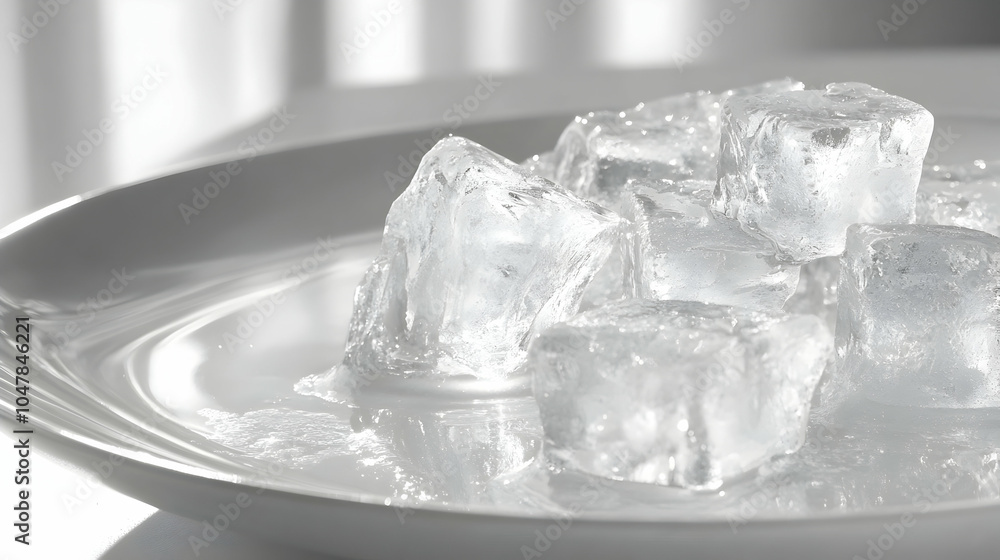 Close-Up of Crystal Clear Ice Cubes with Sharp Edges on a Reflective Surface Close-Up of Crystal Clear Ice Cubes with Sharp Edges on a Reflective Surface